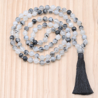 GMN184 Hand-Knotted Smooth Black Rutilated Quartz 108 Beads Mala Necklace