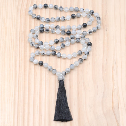 GMN184 Hand-Knotted Smooth Black Rutilated Quartz 108 Beads Mala Necklace