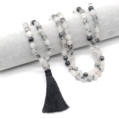 GMN184 Hand-Knotted Smooth Black Rutilated Quartz 108 Beads Mala Necklace