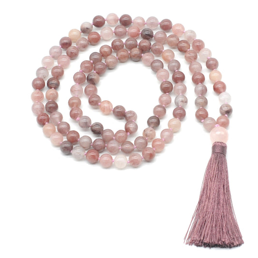 GMN185 Hand-Knotted Smooth Purple Strawberry Quartz 108 Beads Mala Necklace