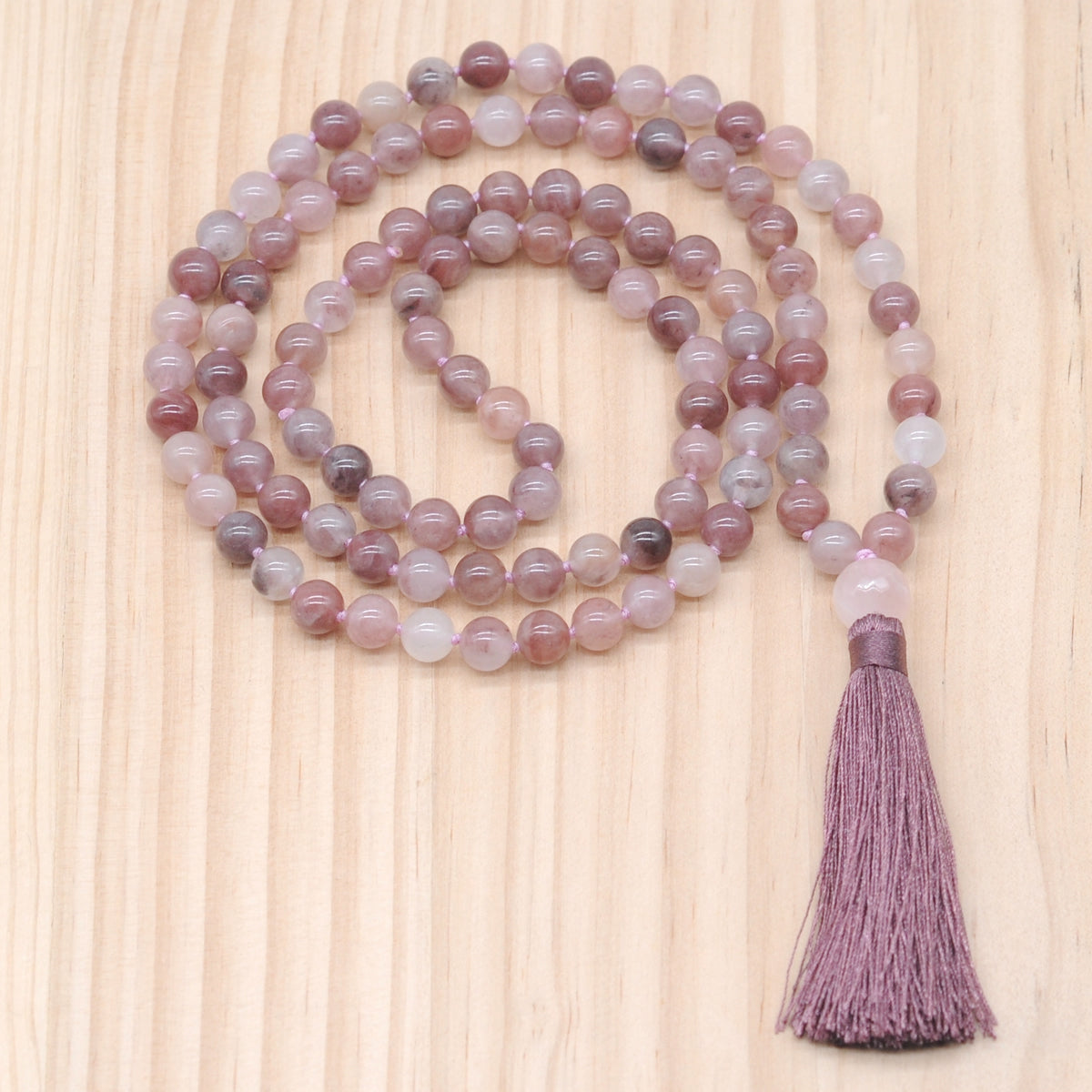 GMN185 Hand-Knotted Smooth Purple Strawberry Quartz 108 Beads Mala Necklace