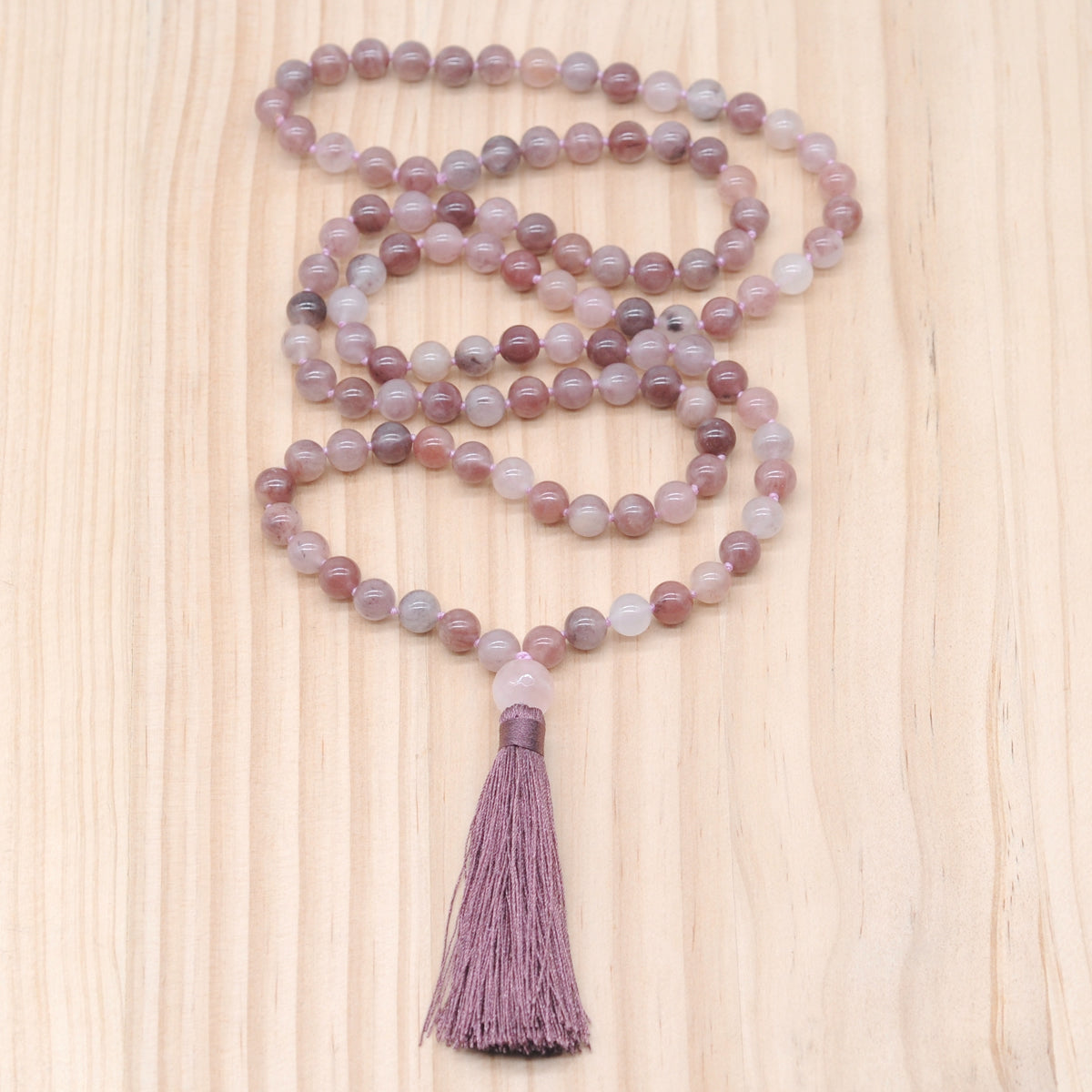 GMN185 Hand-Knotted Smooth Purple Strawberry Quartz 108 Beads Mala Necklace