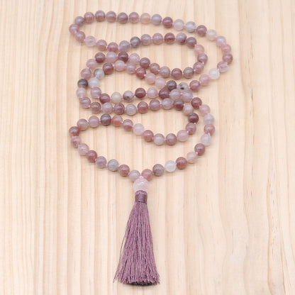 GMN185 Hand-Knotted Smooth Purple Strawberry Quartz 108 Beads Mala Necklace