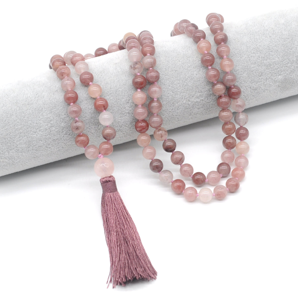 GMN185 Hand-Knotted Smooth Purple Strawberry Quartz 108 Beads Mala Necklace