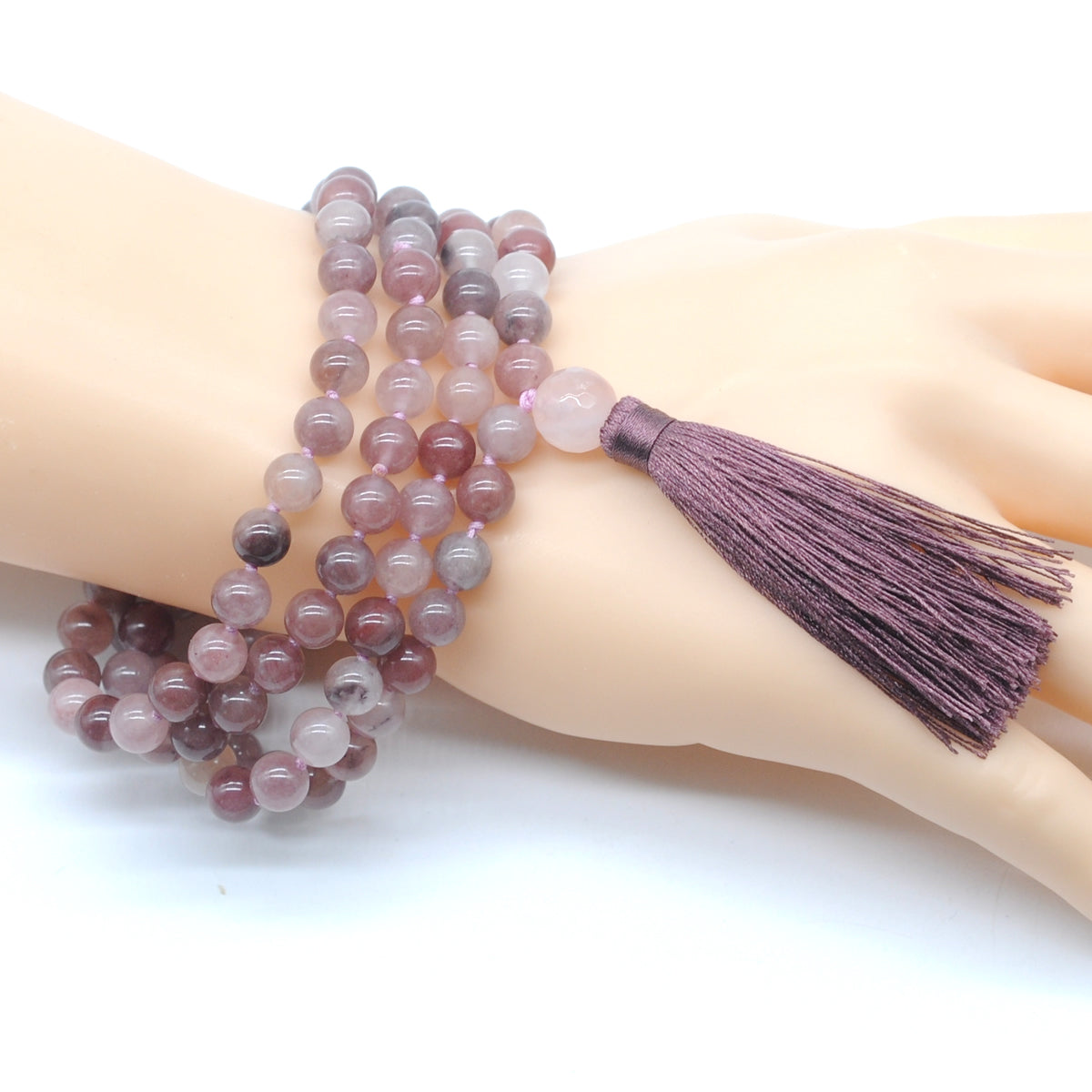 GMN185 Hand-Knotted Smooth Purple Strawberry Quartz 108 Beads Mala Necklace