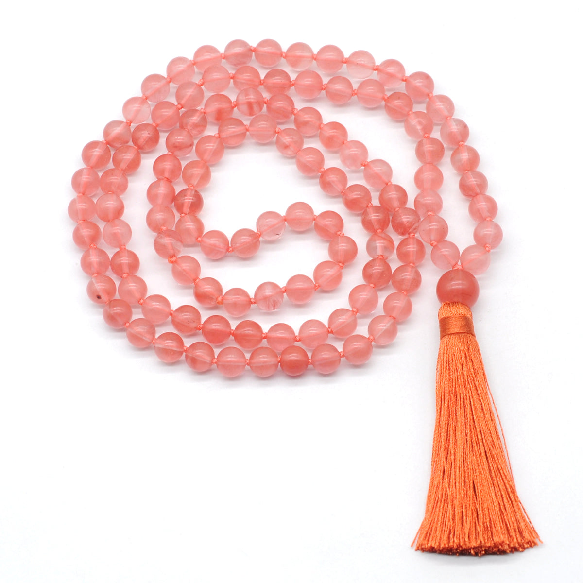 GMN186 Hand-Knotted Smooth Cherry Quartz 108 Beads Mala Necklace