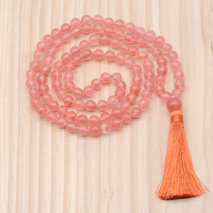 GMN186 Hand-Knotted Smooth Cherry Quartz 108 Beads Mala Necklace