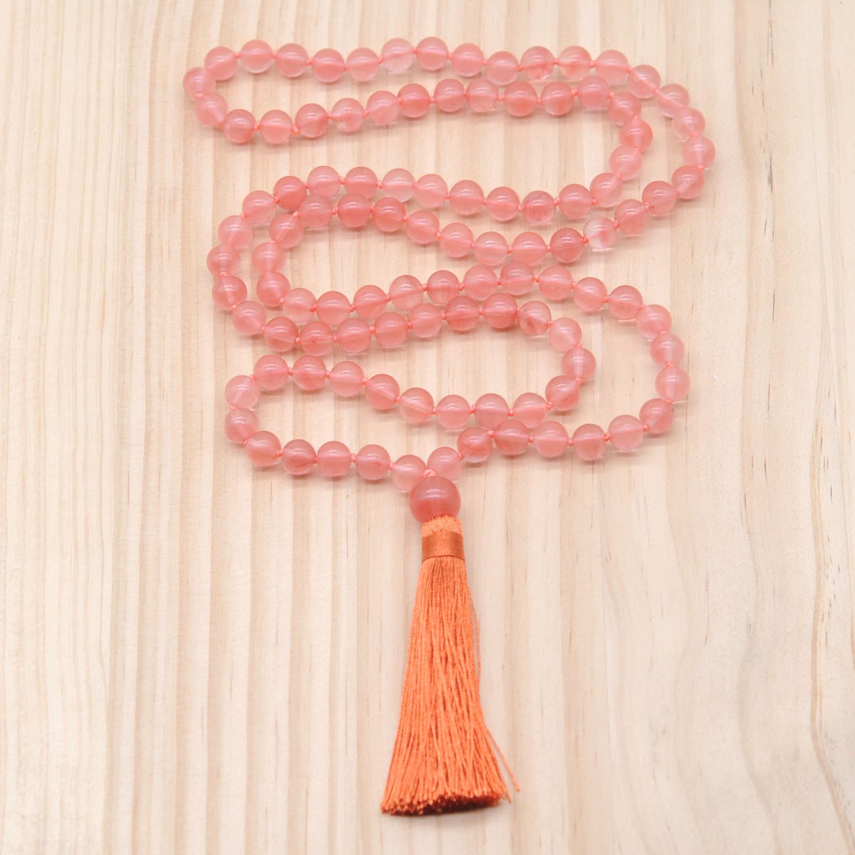 GMN186 Hand-Knotted Smooth Cherry Quartz 108 Beads Mala Necklace