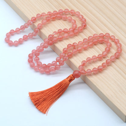 GMN186 Hand-Knotted Smooth Cherry Quartz 108 Beads Mala Necklace