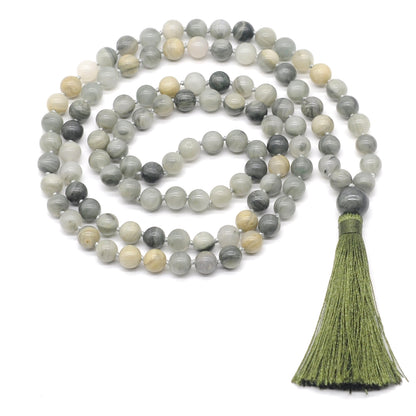 GMN187 Hand-Knotted Smooth Seaweed Quartz 108 Beads Mala Necklace