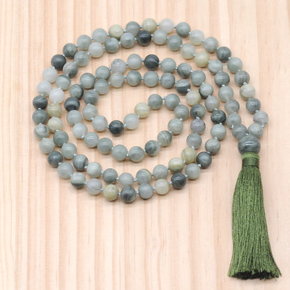 GMN187 Hand-Knotted Smooth Seaweed Quartz 108 Beads Mala Necklace