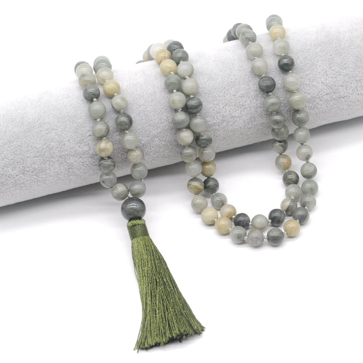 GMN187 Hand-Knotted Smooth Seaweed Quartz 108 Beads Mala Necklace