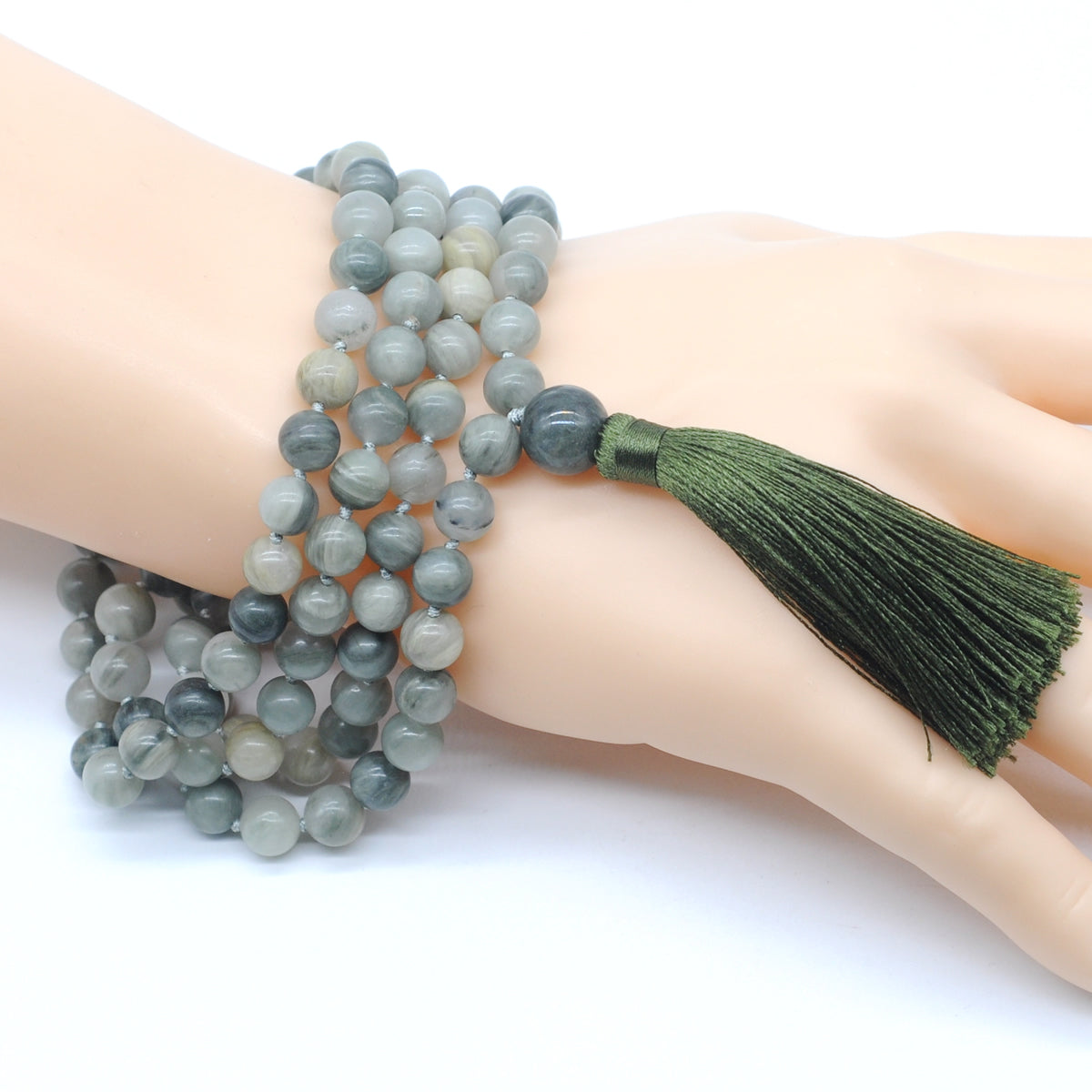 GMN187 Hand-Knotted Smooth Seaweed Quartz 108 Beads Mala Necklace