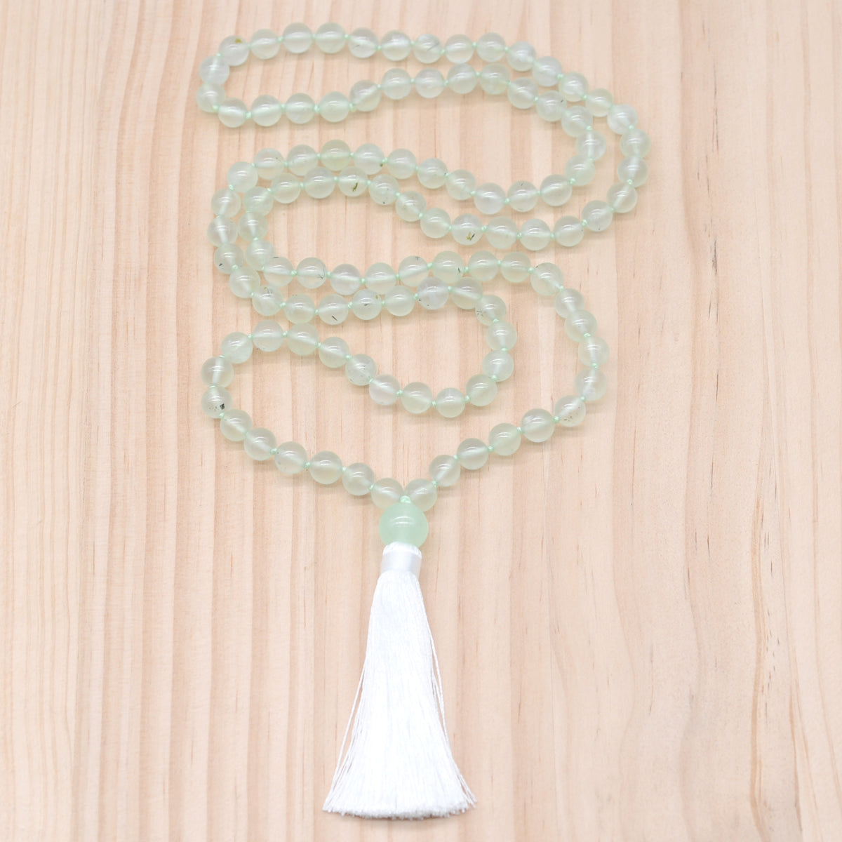 GMN188 Hand-Knotted Smooth Prehnite Gemstone 108 Beads Mala Necklace