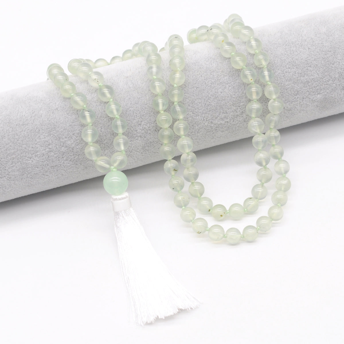 GMN188 Hand-Knotted Smooth Prehnite Gemstone 108 Beads Mala Necklace