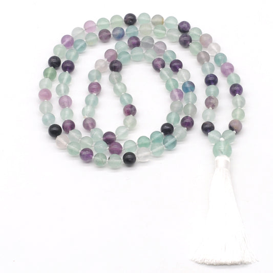 GMN189 Hand-Knotted Smooth Fluorite Gemstone 108 Beads Mala Necklace