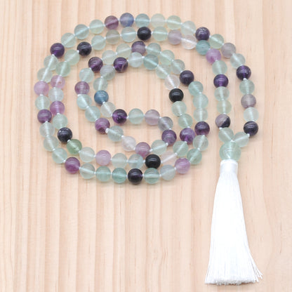 GMN189 Hand-Knotted Smooth Fluorite Gemstone 108 Beads Mala Necklace