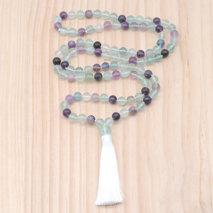 GMN189 Hand-Knotted Smooth Fluorite Gemstone 108 Beads Mala Necklace