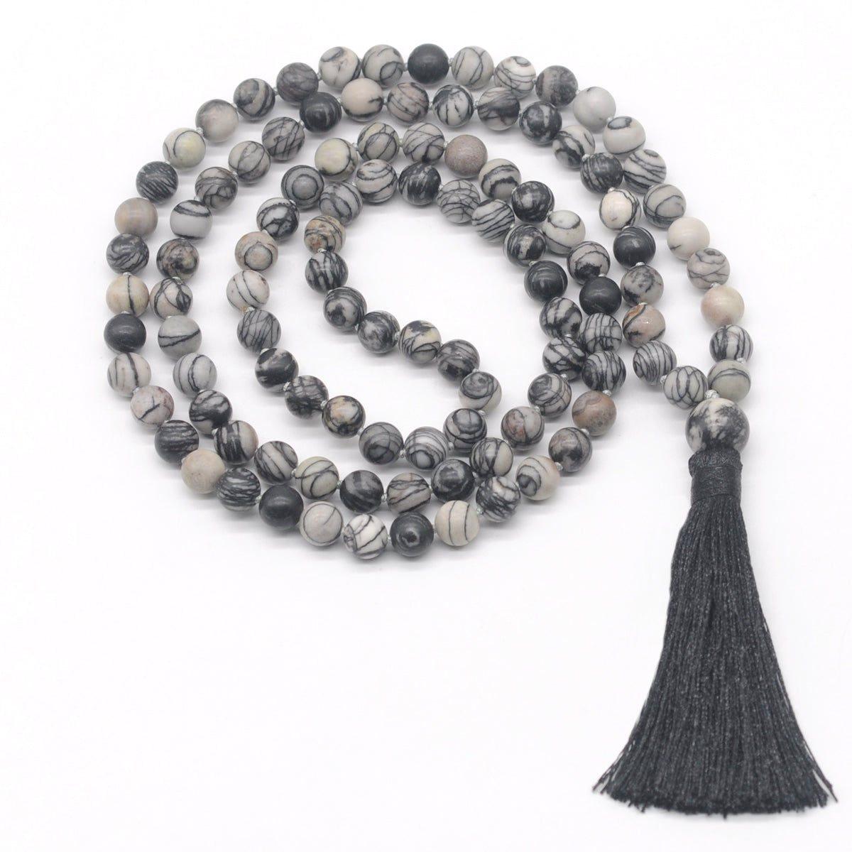 GMN19 Hand-Knotted Matte Black Net Jasper 108 Beads Mala Necklace