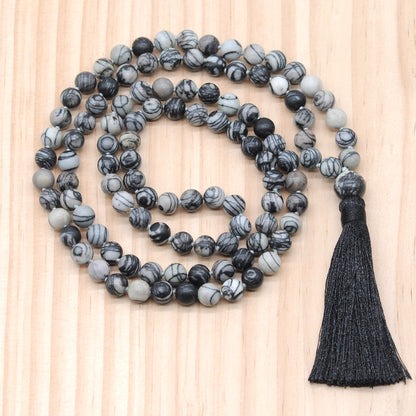 GMN19 Hand-Knotted Matte Black Net Jasper 108 Beads Mala Necklace