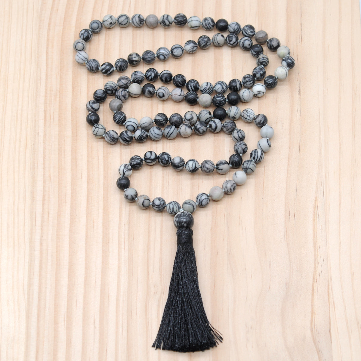 GMN19 Hand-Knotted Matte Black Net Jasper 108 Beads Mala Necklace