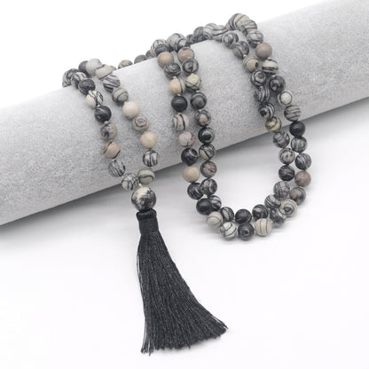 GMN19 Hand-Knotted Matte Black Net Jasper 108 Beads Mala Necklace