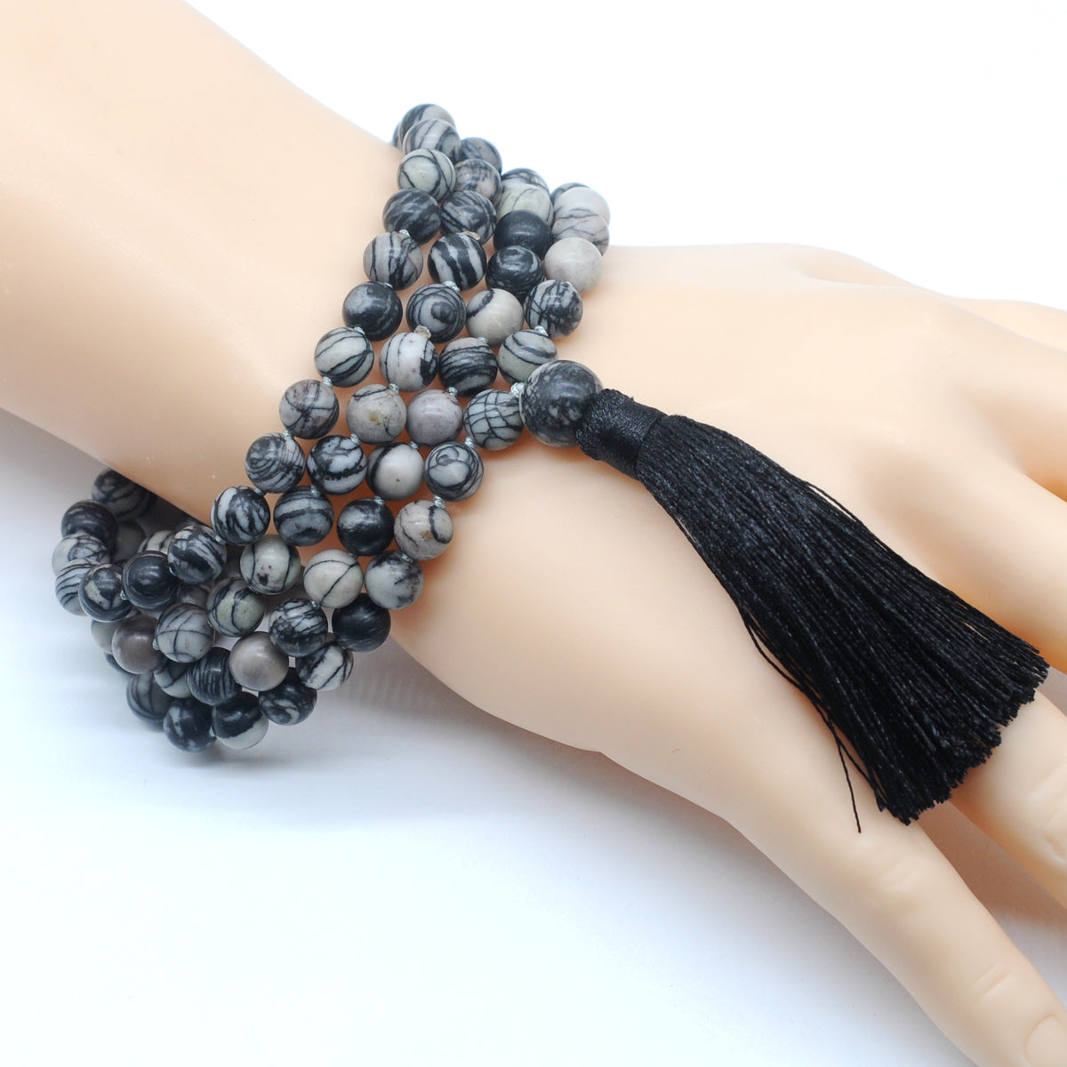 GMN19 Hand-Knotted Matte Black Net Jasper 108 Beads Mala Necklace