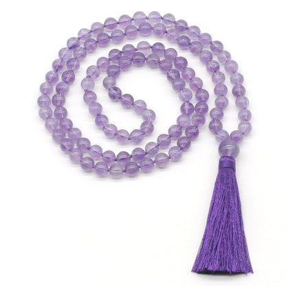 GMN190 Hand-Knotted Smooth Amethyst Gemstone 108 Beads Mala Necklace