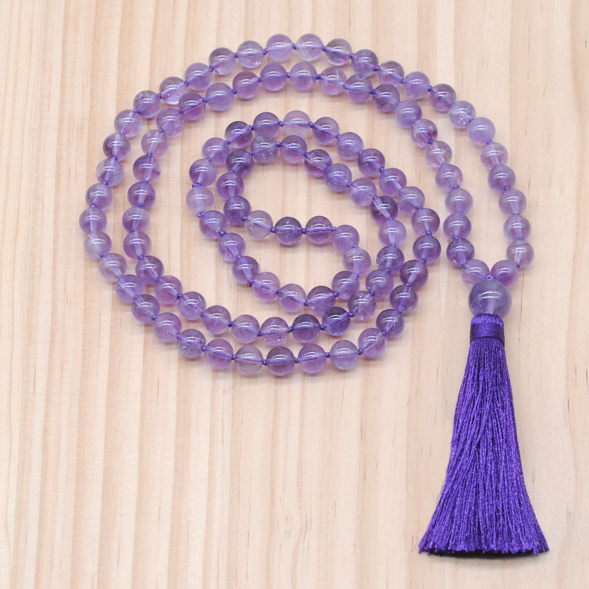 GMN190 Hand-Knotted Smooth Amethyst Gemstone 108 Beads Mala Necklace