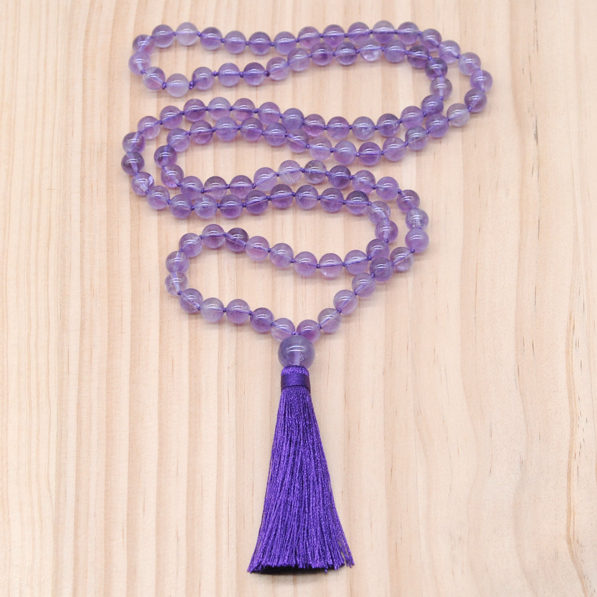 GMN190 Hand-Knotted Smooth Amethyst Gemstone 108 Beads Mala Necklace