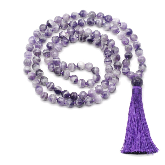 GMN191 Hand-Knotted Smooth Dogtooth Amethyst 108 Beads Mala Necklace