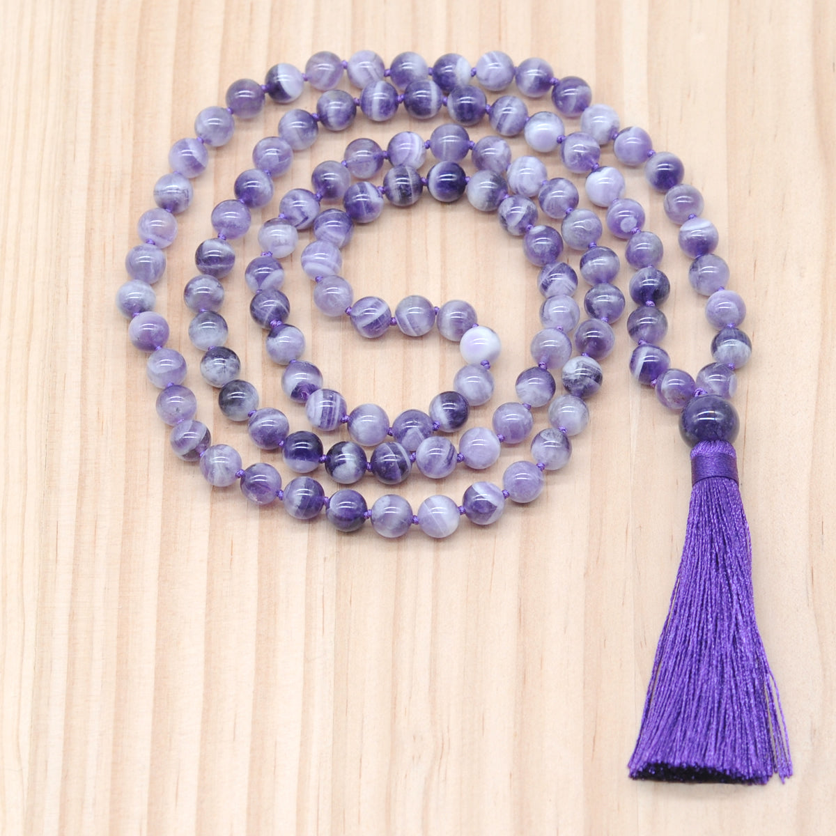 GMN191 Hand-Knotted Smooth Dogtooth Amethyst 108 Beads Mala Necklace