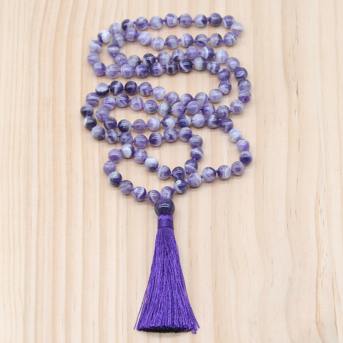 GMN191 Hand-Knotted Smooth Dogtooth Amethyst 108 Beads Mala Necklace