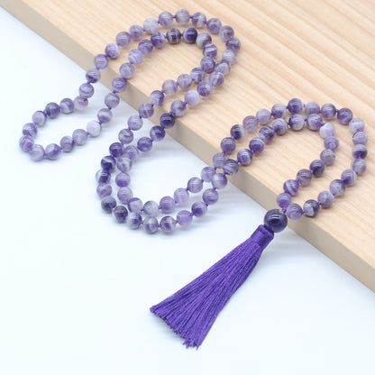 GMN191 Hand-Knotted Smooth Dogtooth Amethyst 108 Beads Mala Necklace