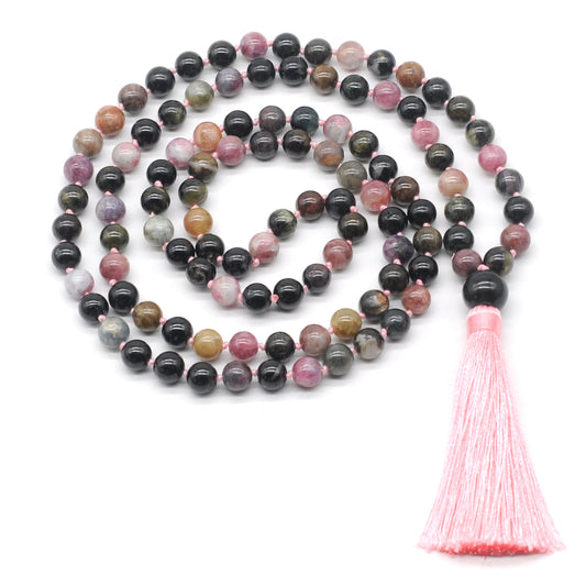 GMN192 Hand-Knotted Smooth Tourmaline 108 Beads Mala Necklace