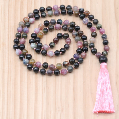 GMN192 Hand-Knotted Smooth Tourmaline 108 Beads Mala Necklace