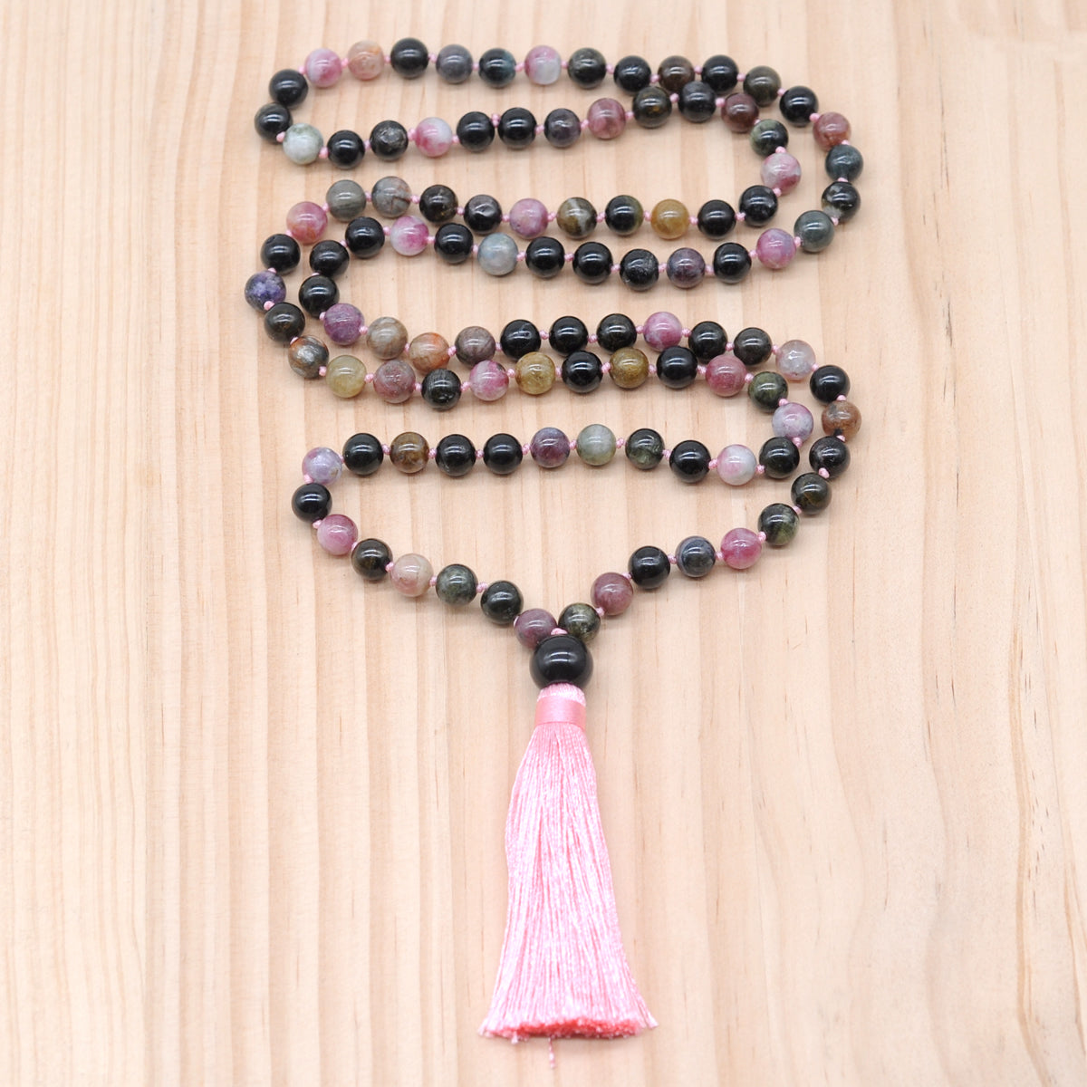 GMN192 Hand-Knotted Smooth Tourmaline 108 Beads Mala Necklace