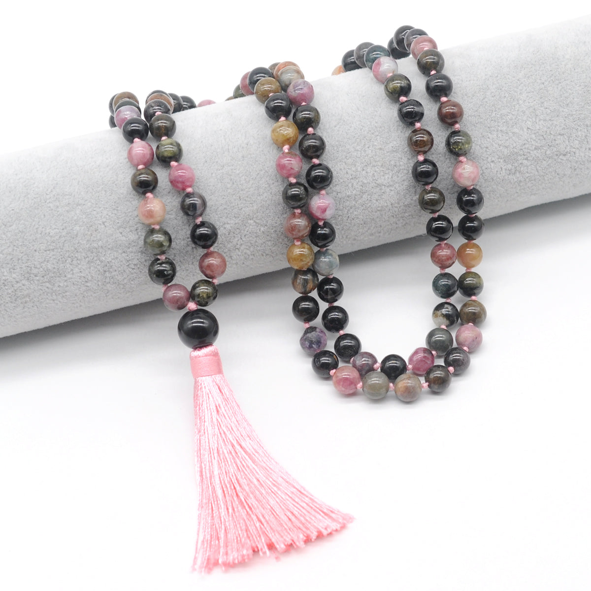 GMN192 Hand-Knotted Smooth Tourmaline 108 Beads Mala Necklace