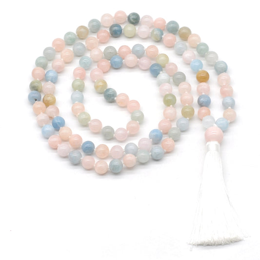 GMN193 Hand-Knotted Smooth Morganite 108 Beads Mala Necklace