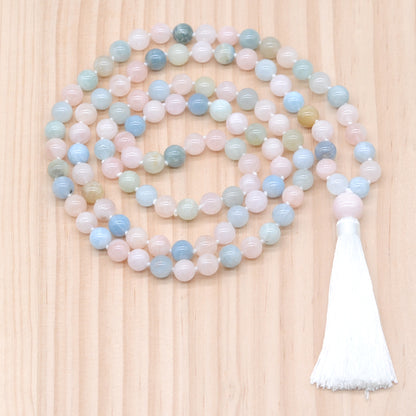 GMN193 Hand-Knotted Smooth Morganite 108 Beads Mala Necklace