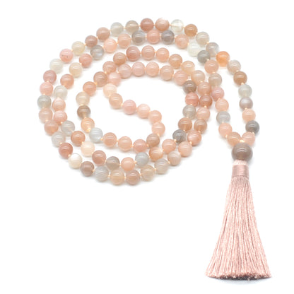 GMN194 Hand-Knotted Smooth Rainbow Moonstone 108 Beads Mala Necklace