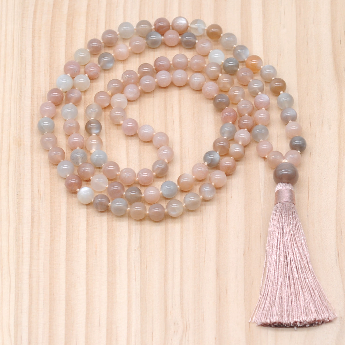 GMN194 Hand-Knotted Smooth Rainbow Moonstone 108 Beads Mala Necklace