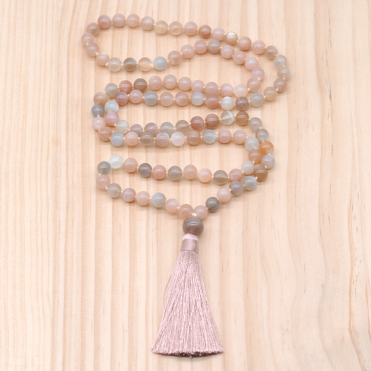 GMN194 Hand-Knotted Smooth Rainbow Moonstone 108 Beads Mala Necklace