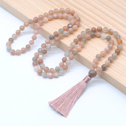 GMN194 Hand-Knotted Smooth Rainbow Moonstone 108 Beads Mala Necklace