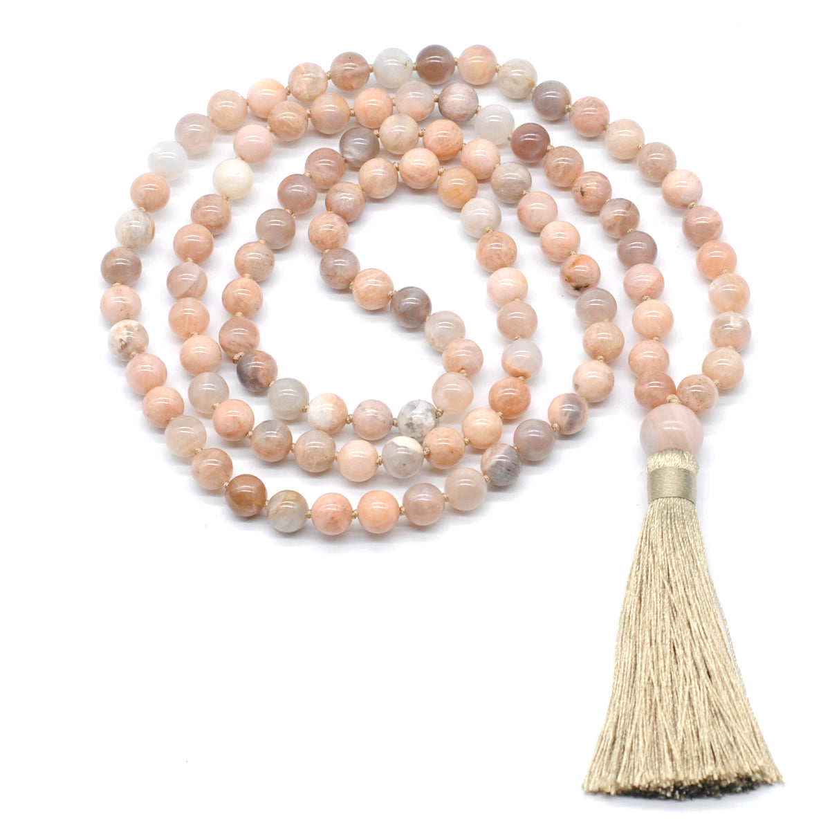 GMN195 Hand-Knotted Smooth Sunstone 108 Beads Mala Necklace