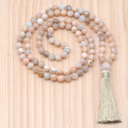 GMN195 Hand-Knotted Smooth Sunstone 108 Beads Mala Necklace