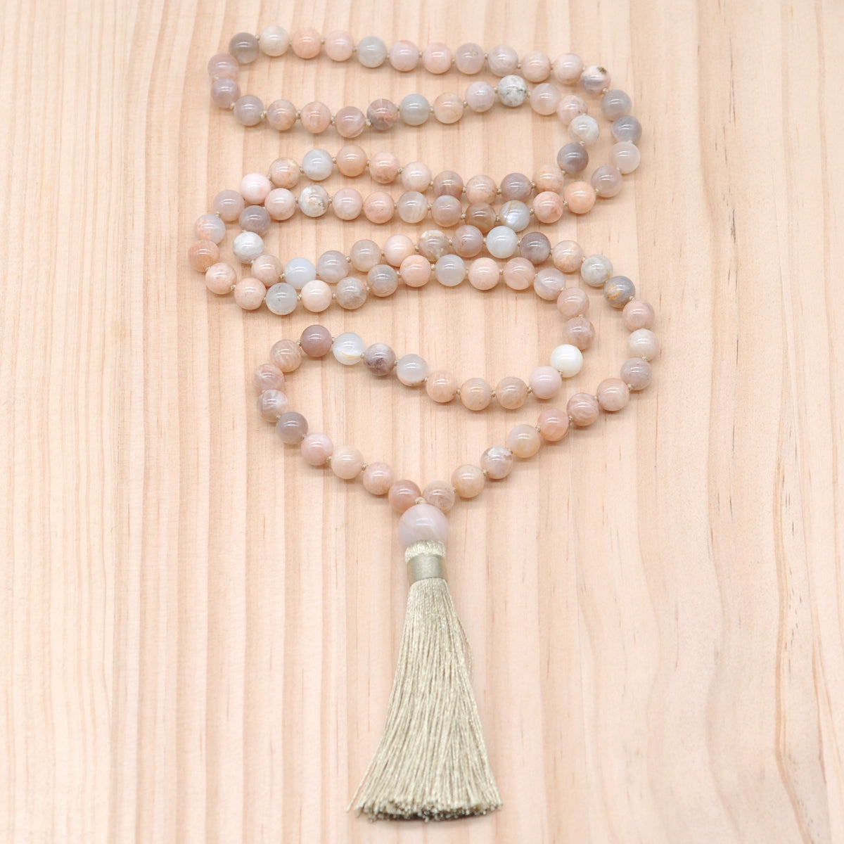 GMN195 Hand-Knotted Smooth Sunstone 108 Beads Mala Necklace