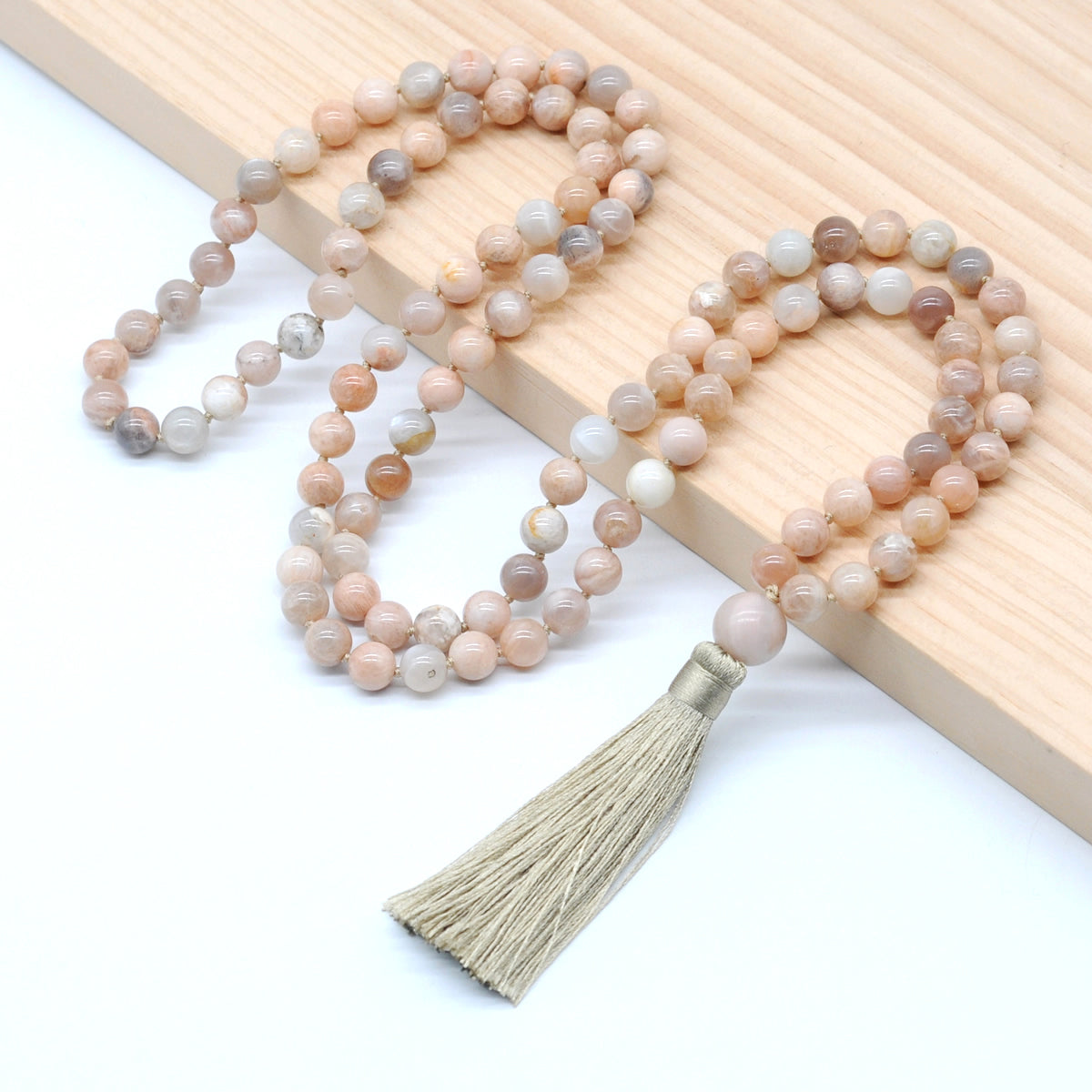 GMN195 Hand-Knotted Smooth Sunstone 108 Beads Mala Necklace