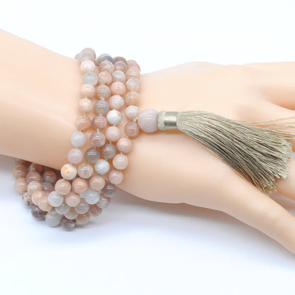 GMN195 Hand-Knotted Smooth Sunstone 108 Beads Mala Necklace