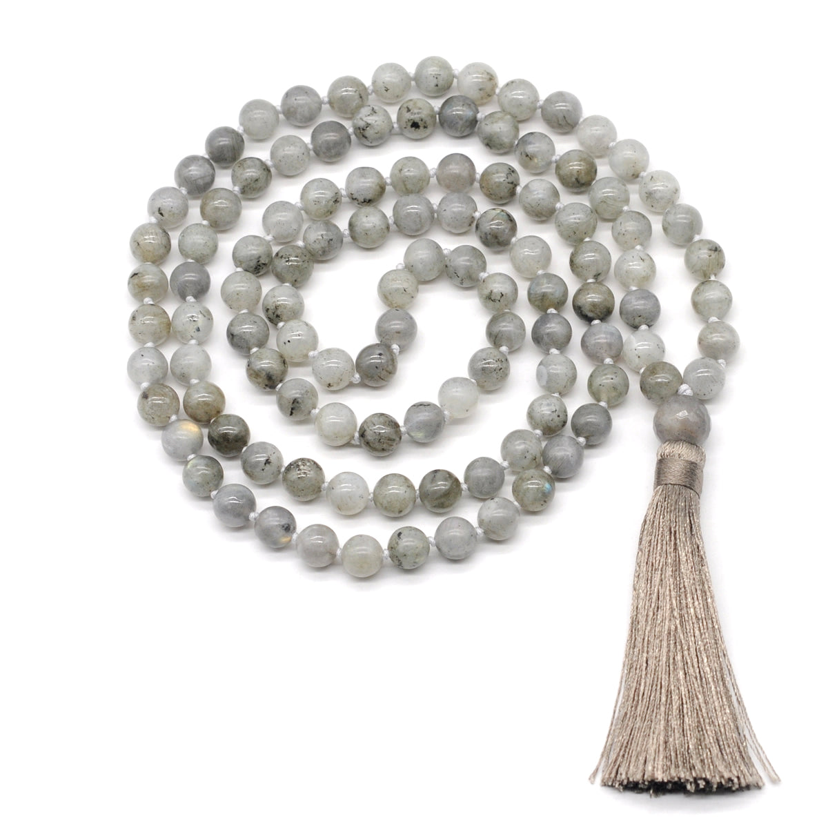 GMN196 Hand-Knotted Smooth Labradorite 108 Beads Mala Necklace